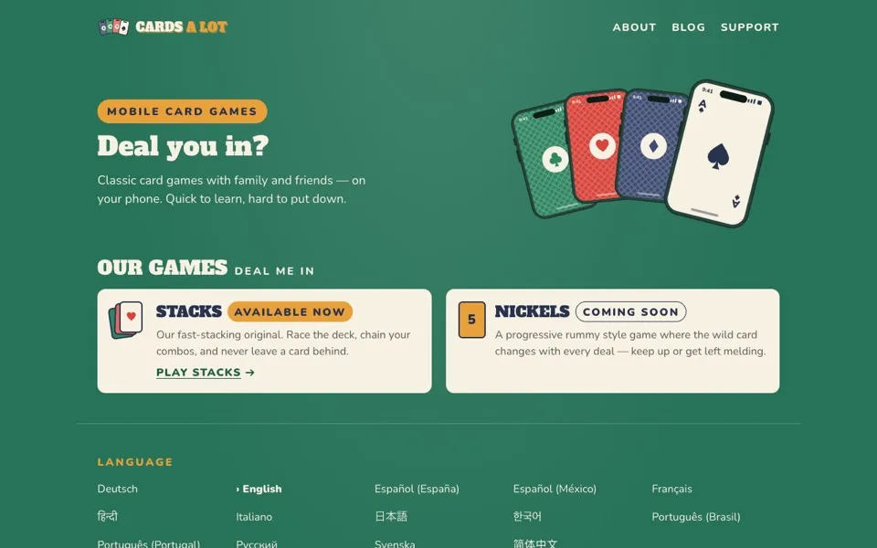 CardsALot: four phones fanned out like playing cards on green felt, beside the games STACKS and Nickels.