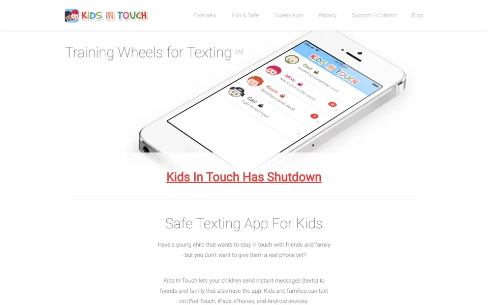 Kids In Touch: an iPhone showing a family's message list under the heading Training Wheels for Texting.